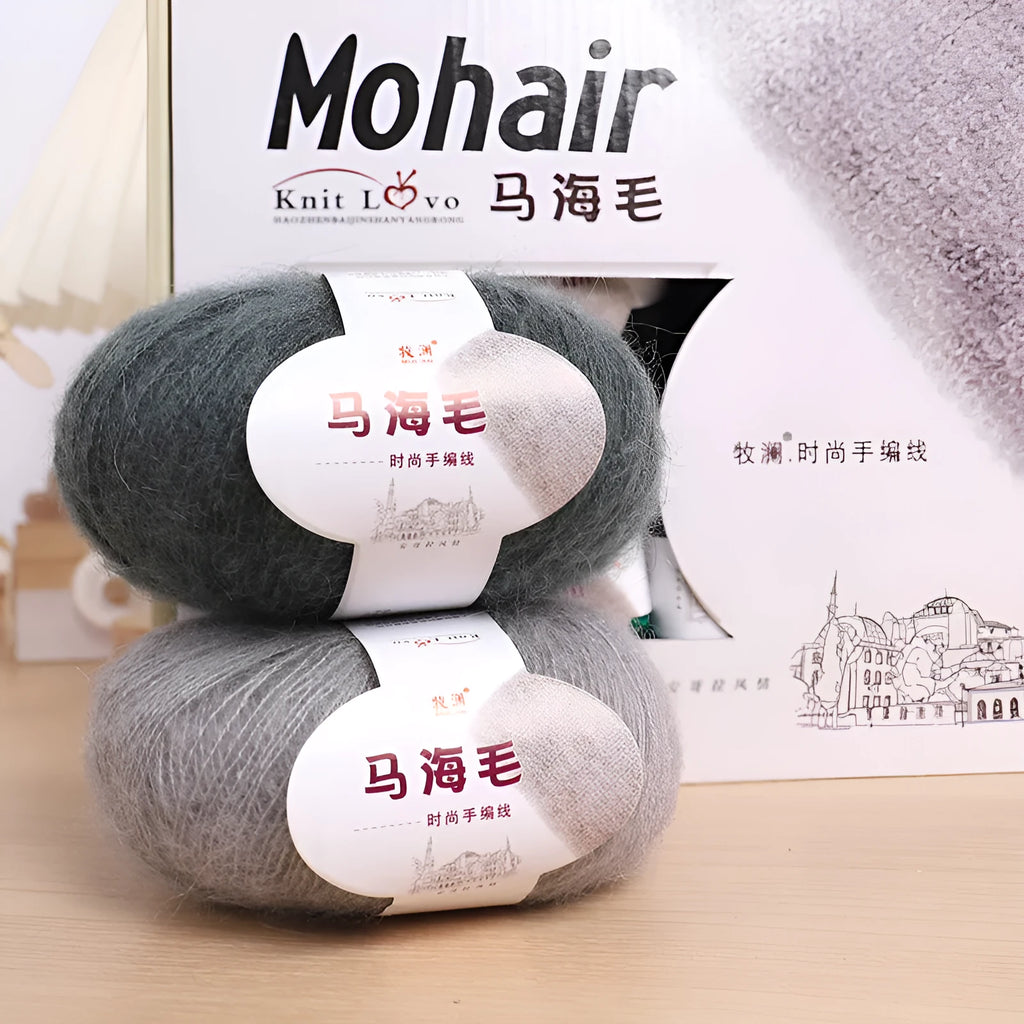DIY mohair scarf knitting kit showing a ball of wool with 34 colour options including white, grey, pink, and blue.
