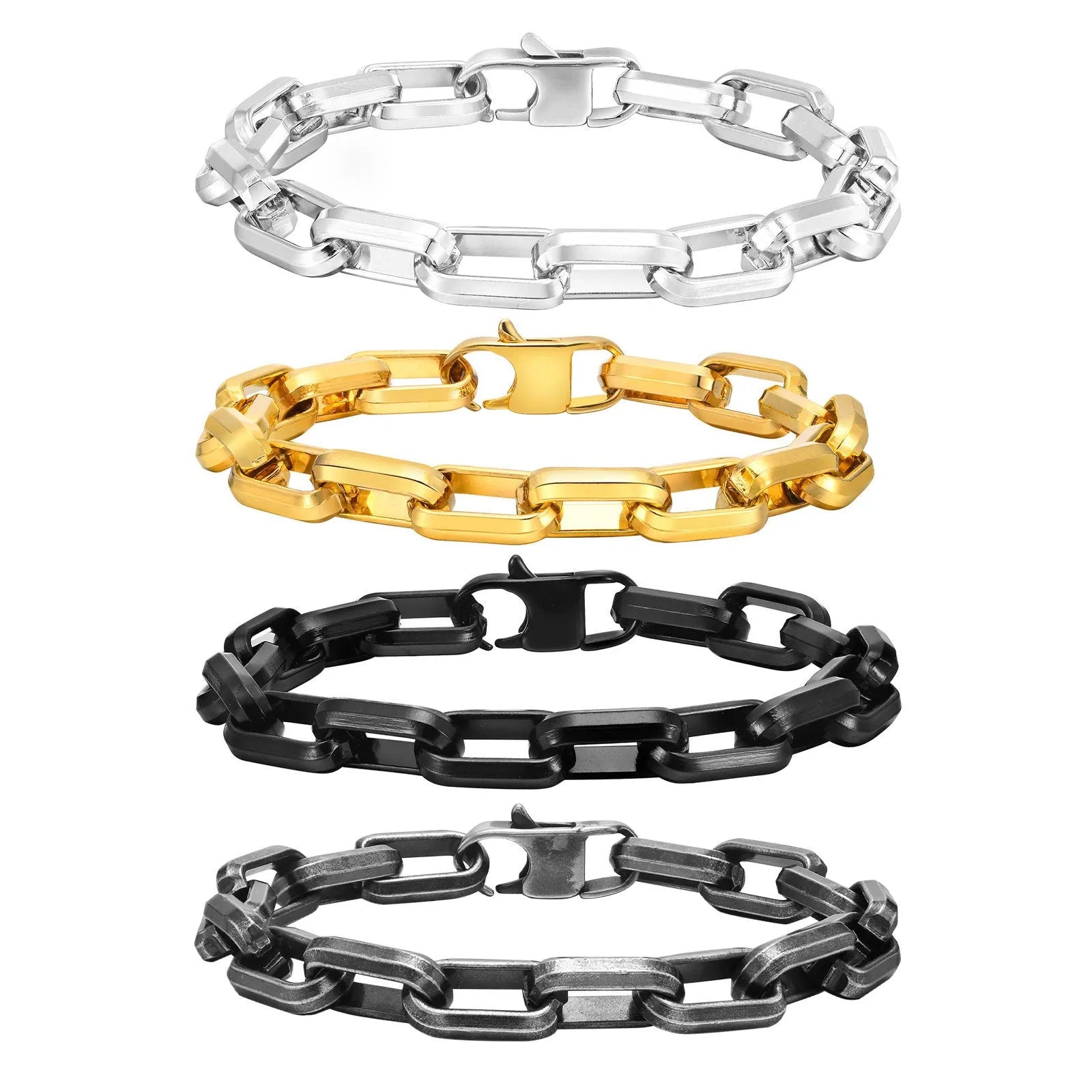 Men's simple square chain titanium steel bracelet in steel, gold, black, and retro colours.