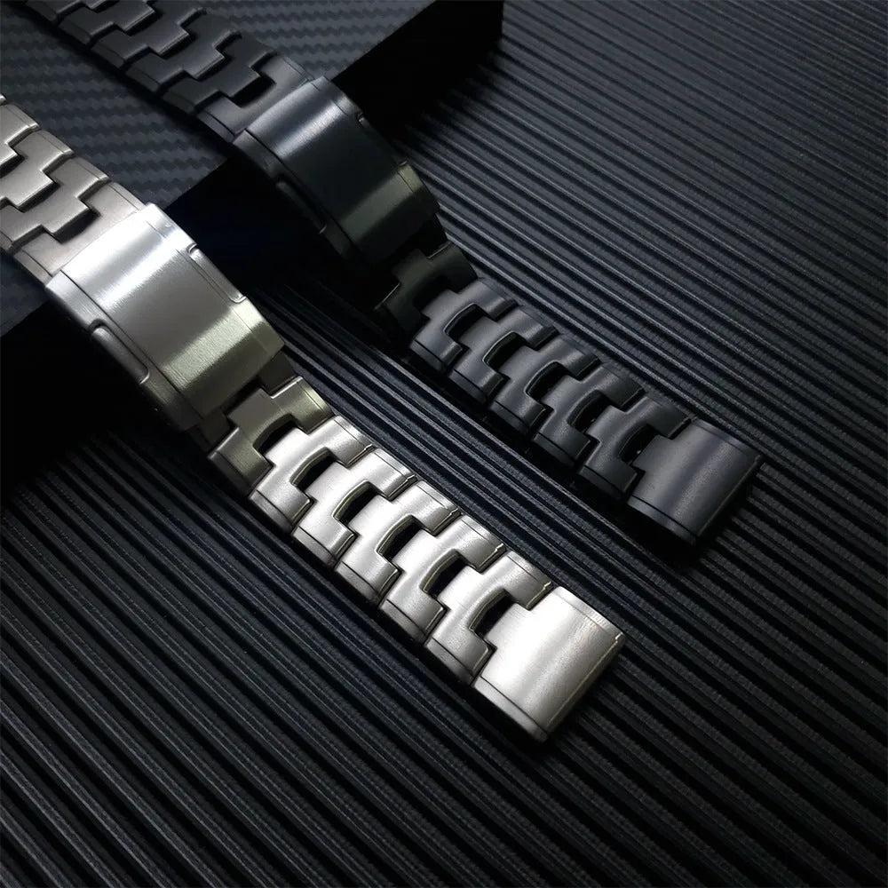 Garmin Jiaming and Fenix compatible watch strap in Black, Silver, and Titanium colour options showing 22mm and 26mm widths