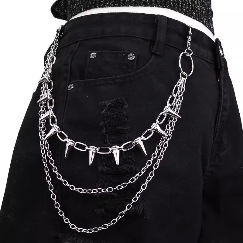 Silver double-layer metal pants chain with rivets and a zipper fastener, shown at full 115cm length.