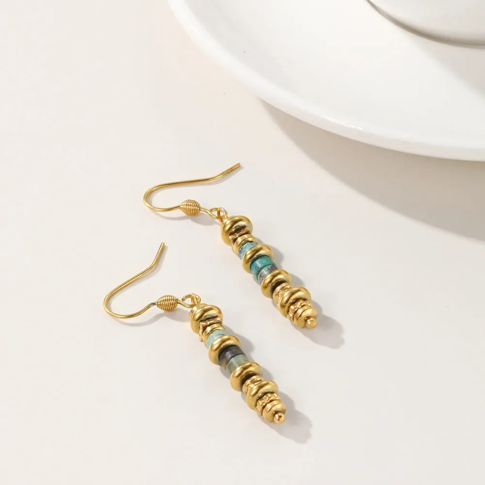 Geometric titanium steel dangle earrings with retro European American design in metallic finish