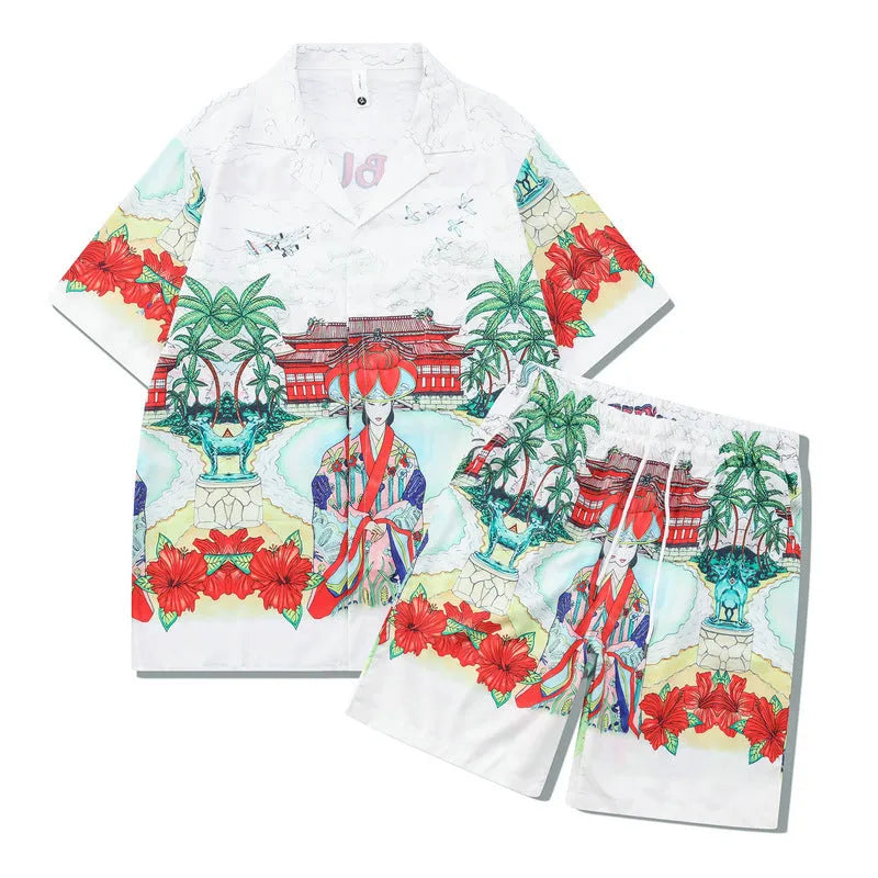 Beach plaid print shirt and trousers outfit set in European style for teenage summer wear