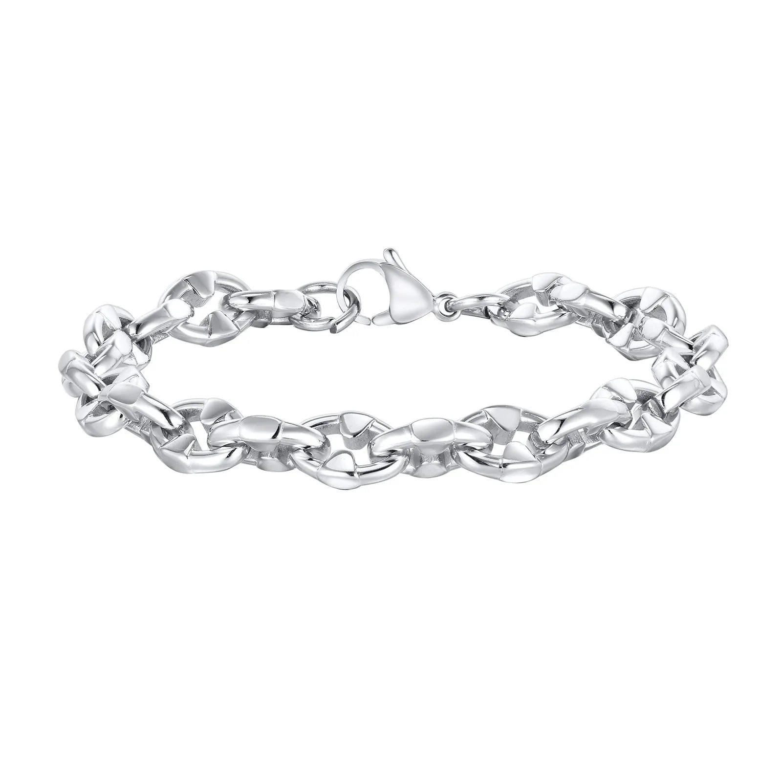 Men's thick stainless steel handmade geometric chain bracelet in steel colour.