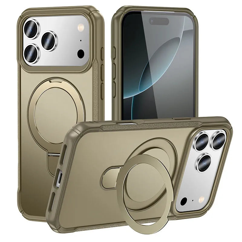 Metal magnetic bracket phone case with drop-resistant PC cover in black, showing built-in stand