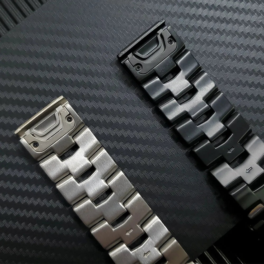 Garmin Jiaming and Fenix compatible watch strap in Black, Silver, and Titanium colour options showing 22mm and 26mm widths
