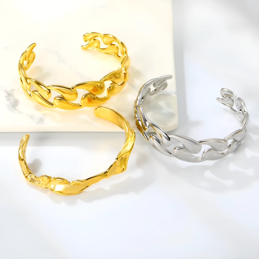 Stainless steel alloy bracelet in gold or silver tone for European American trend styling.