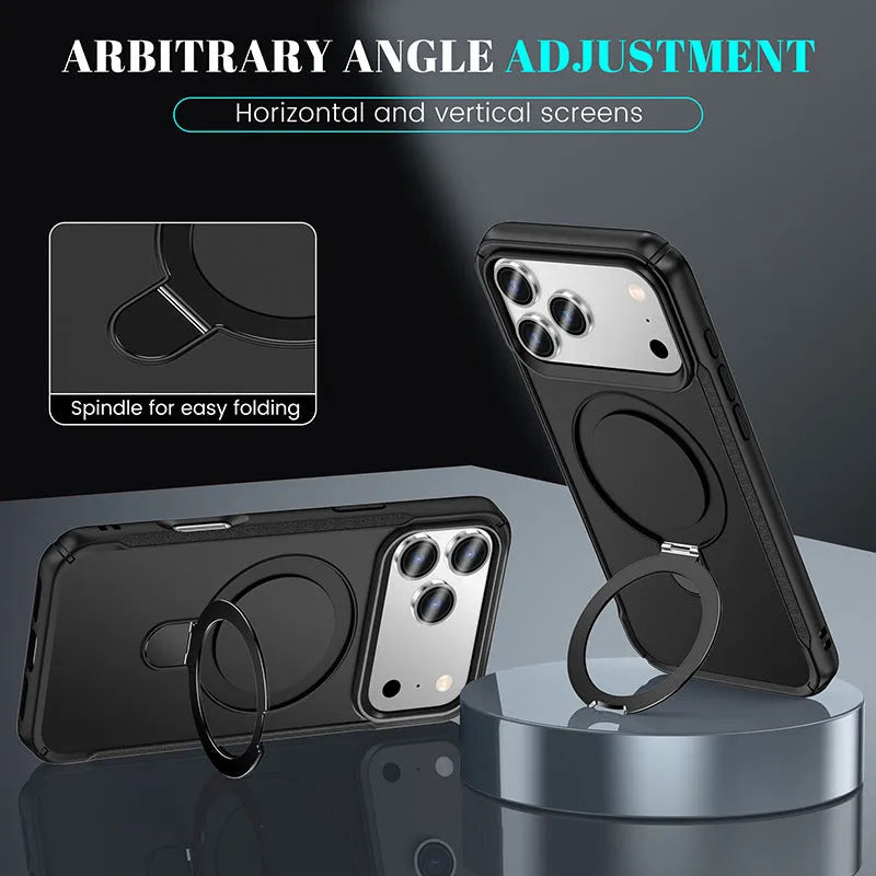 Metal magnetic bracket phone case with drop-resistant PC cover in black, showing built-in stand