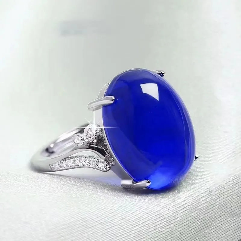 Women's adjustable natural sapphire ring in ethnic geometric style with alloy construction
