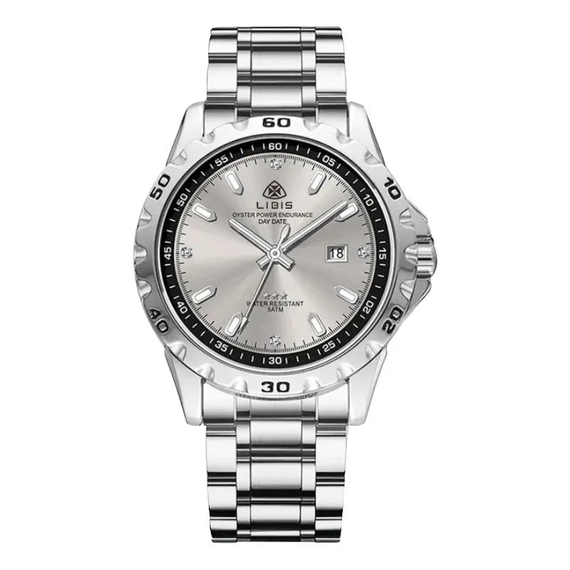 Men's silver quartz watch with luminous hands and waterproof stainless steel strap