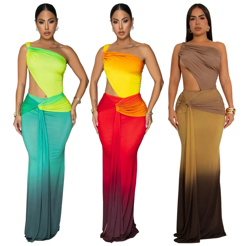 A woman's sleeveless cross-shoulder dress with a gradient colour long skirt.