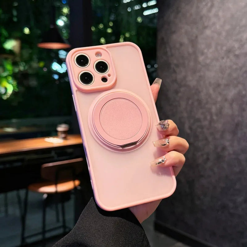 Transparent frosted magnetic suction pivot phone case for iPhone, shown in light purple colour.