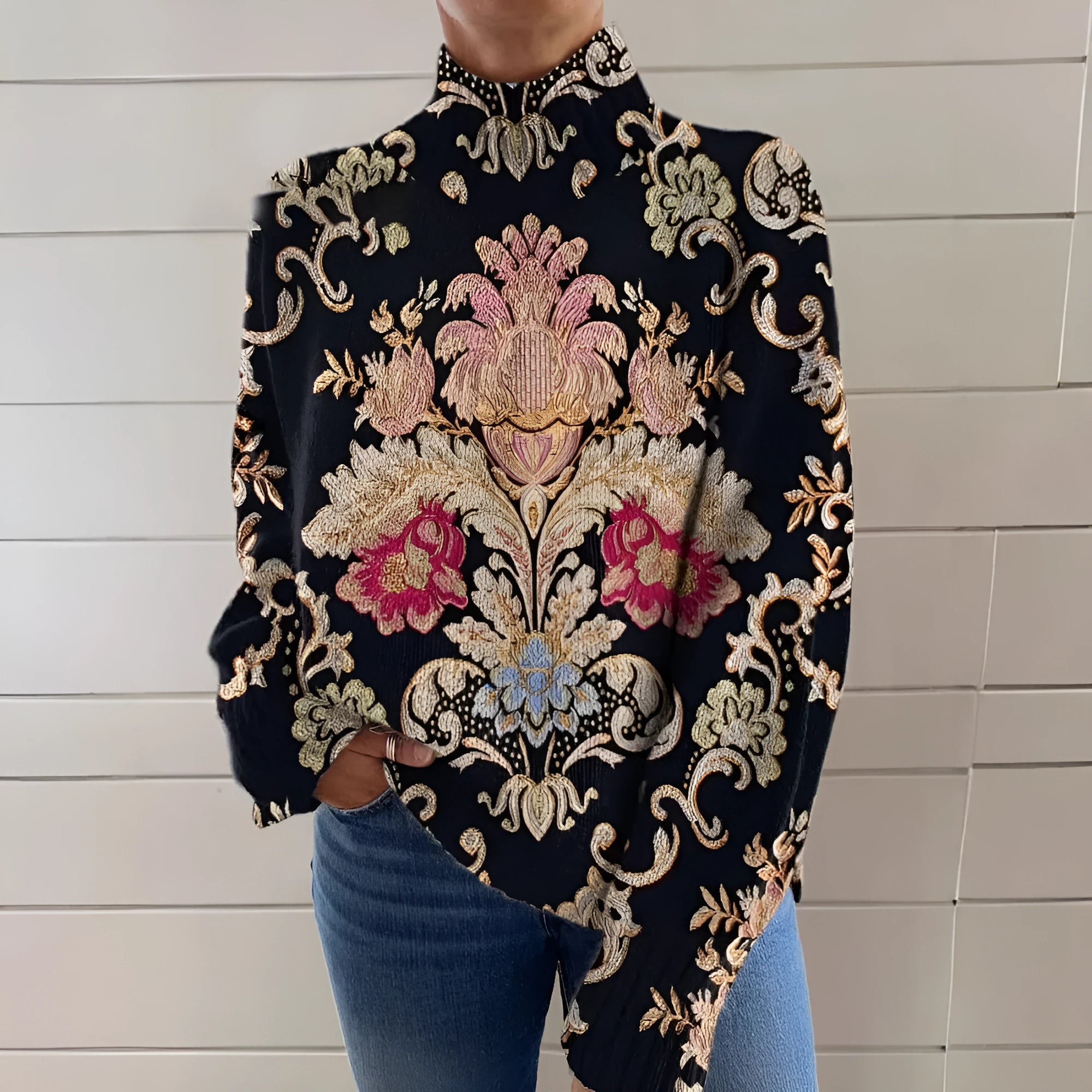 Black turtleneck long sleeve sweater with 3D printed pattern, loose Japanese Korean casual style