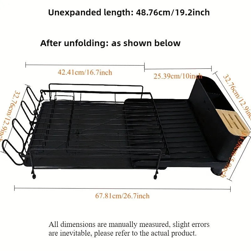 Retractable carbon steel kitchen dish drain rack holding cutlery and cups in a modern simple style.