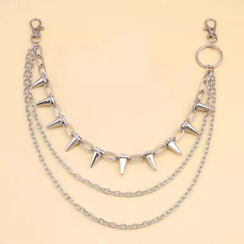 Silver double-layer metal pants chain with rivets and a zipper fastener, shown at full 115cm length.