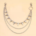 Silver double-layer metal pants chain with rivets and a zipper fastener, shown at full 115cm length.