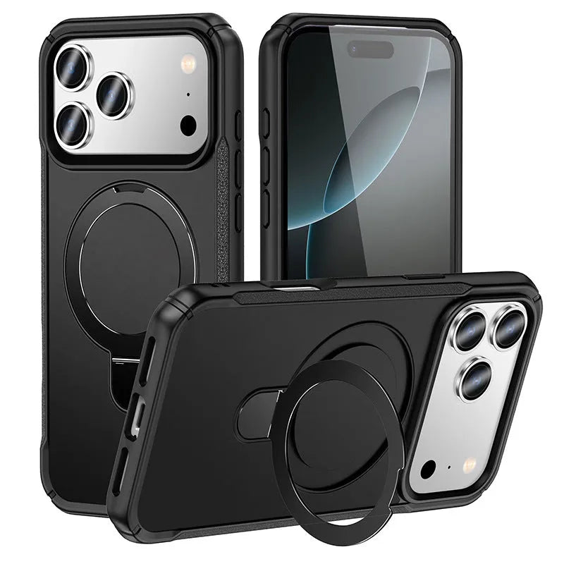 Metal magnetic bracket phone case with drop-resistant PC cover in black, showing built-in stand
