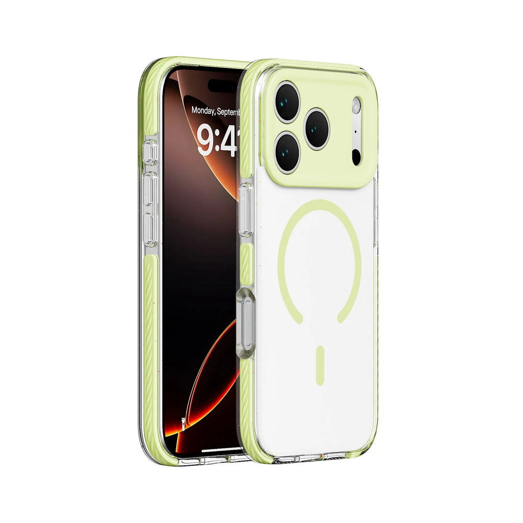 Clear magnetic protective iPhone case shown in Sweet Blue colour on an iPhone.