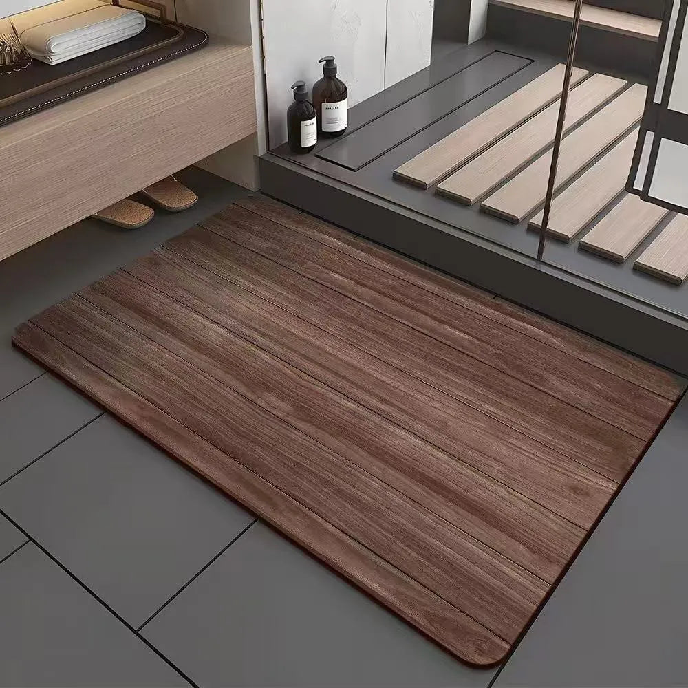 Square American style bathroom floor mat with wood grain geometric pattern in diatom ooze material.