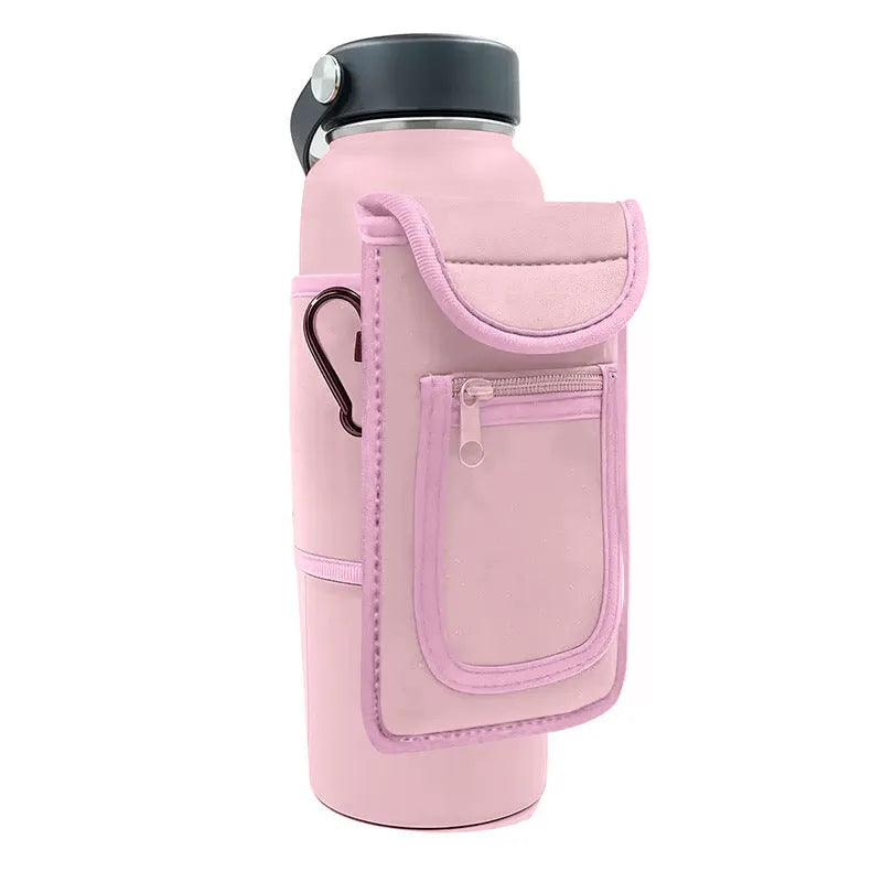 Cloth fitness bottle sleeve with magnetic closure or carabiner clip for large kettle bottles.