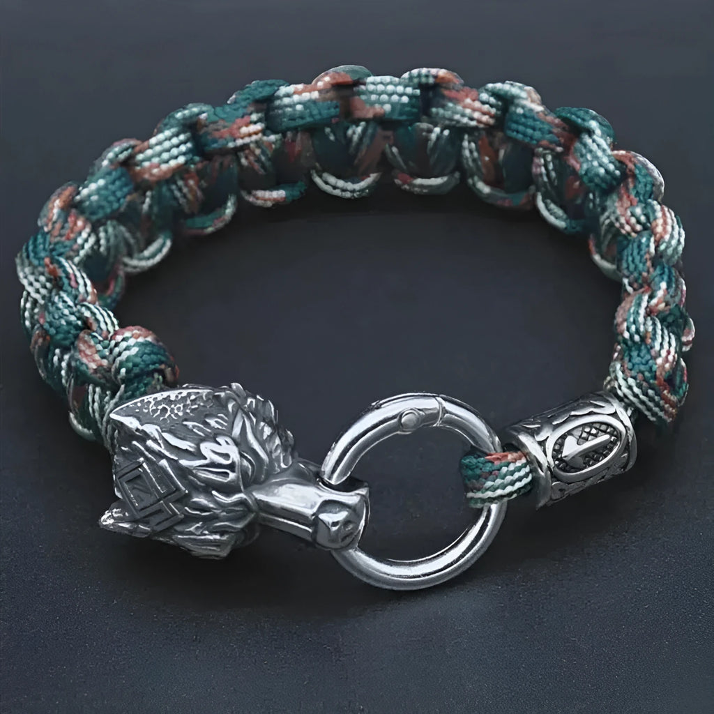 Handmade stainless steel wolf head bracelet with Luen characters in camouflage colour