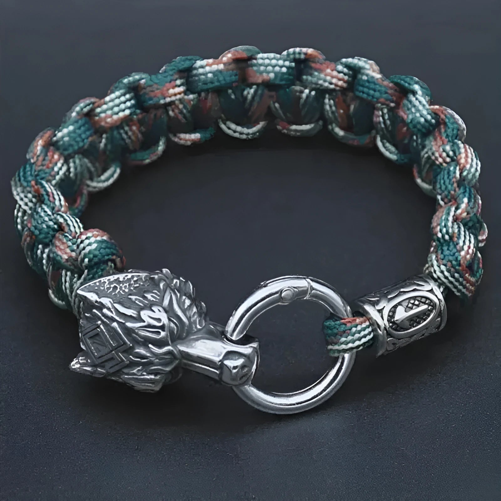 Handmade stainless steel wolf head bracelet with Luen characters in camouflage colour