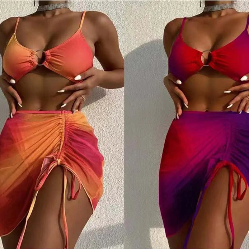 Women's orange gradient three-piece swimsuit with adjustable hollow suspenders and loop buckles