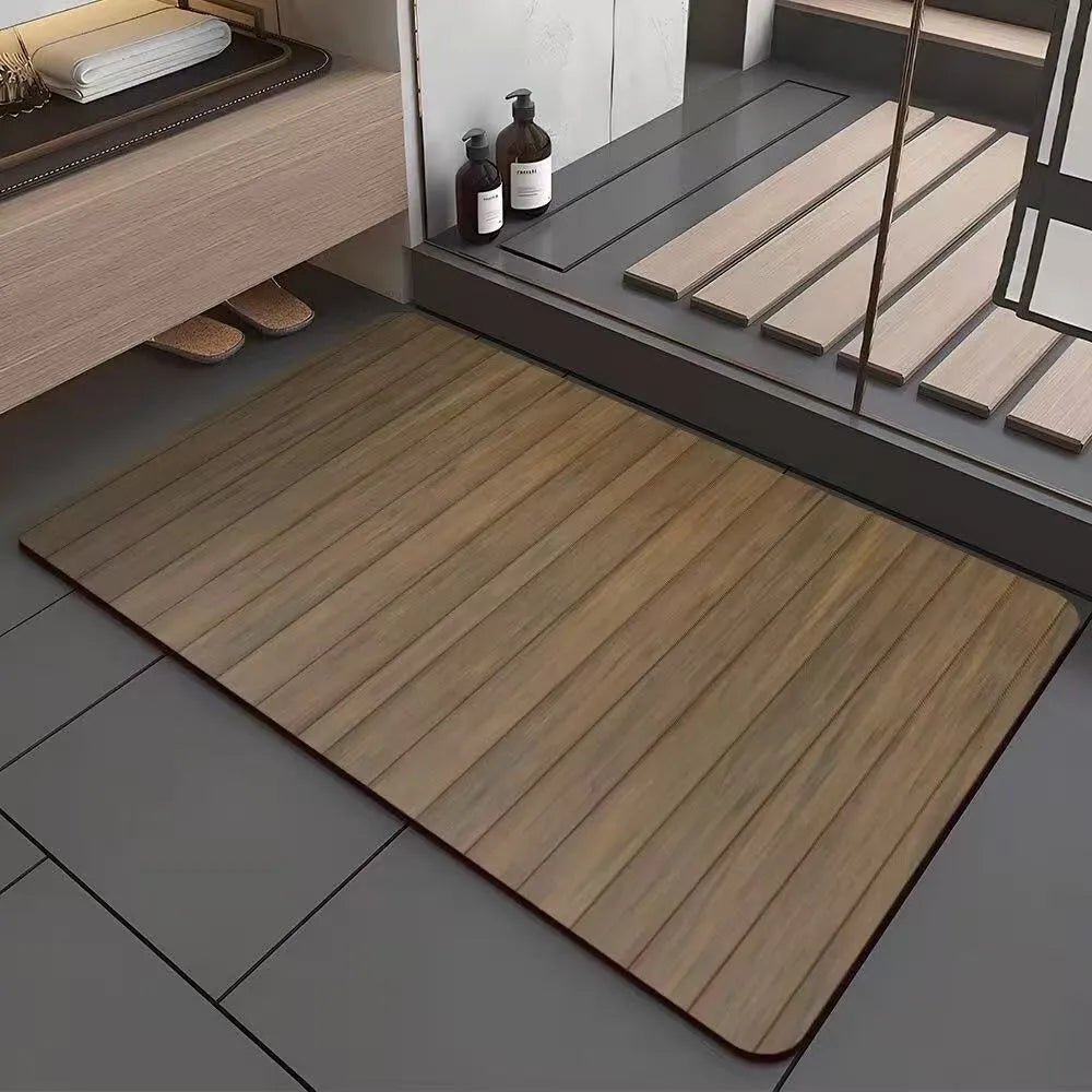 Square American style bathroom floor mat with wood grain geometric pattern in diatom ooze material.