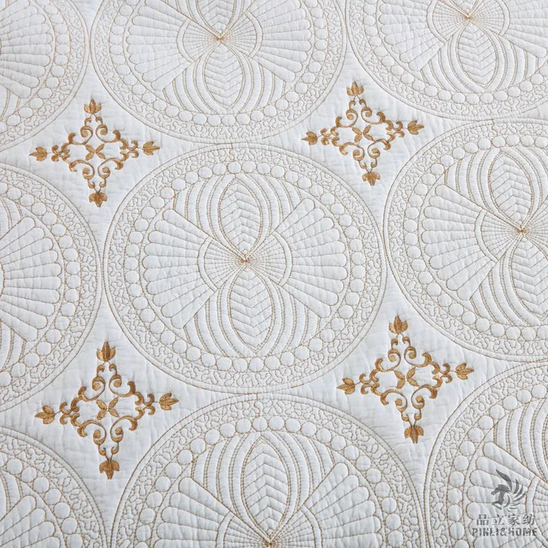 Pure cotton European-style embroidered bed cover set with two pillowcases on a 1.8m bed.