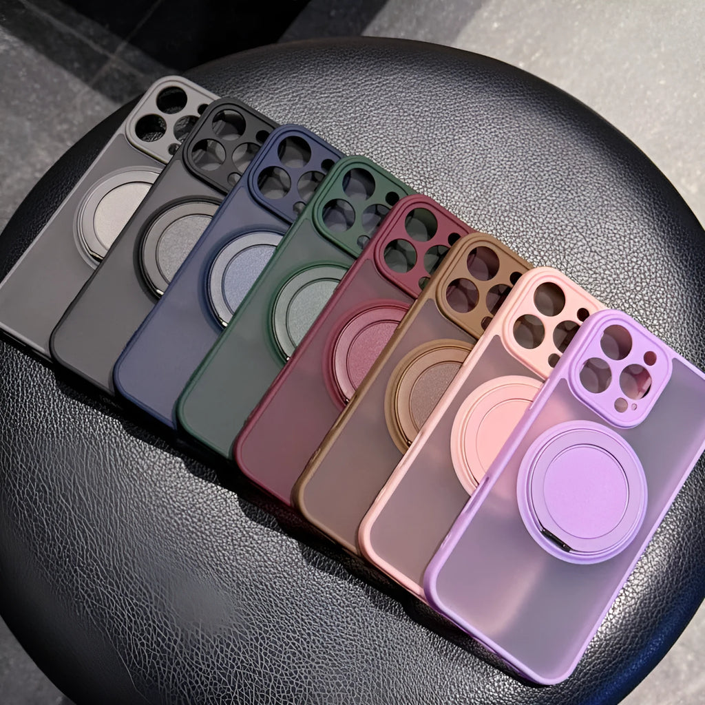 Transparent frosted magnetic suction pivot phone case for iPhone, shown in light purple colour.