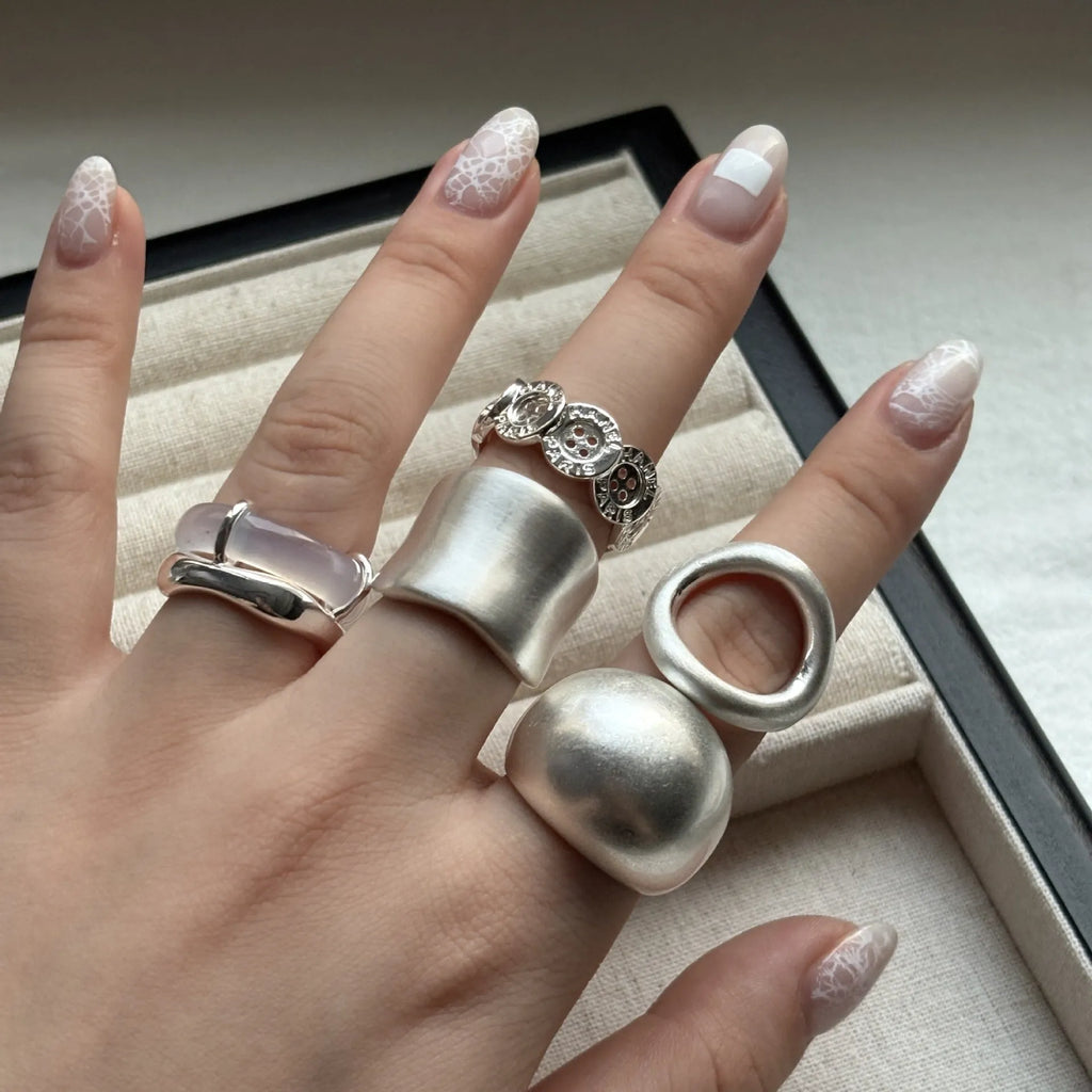 Brass chalcedony double-layer ring for women, geometric round shape, polished copper finish, ins style