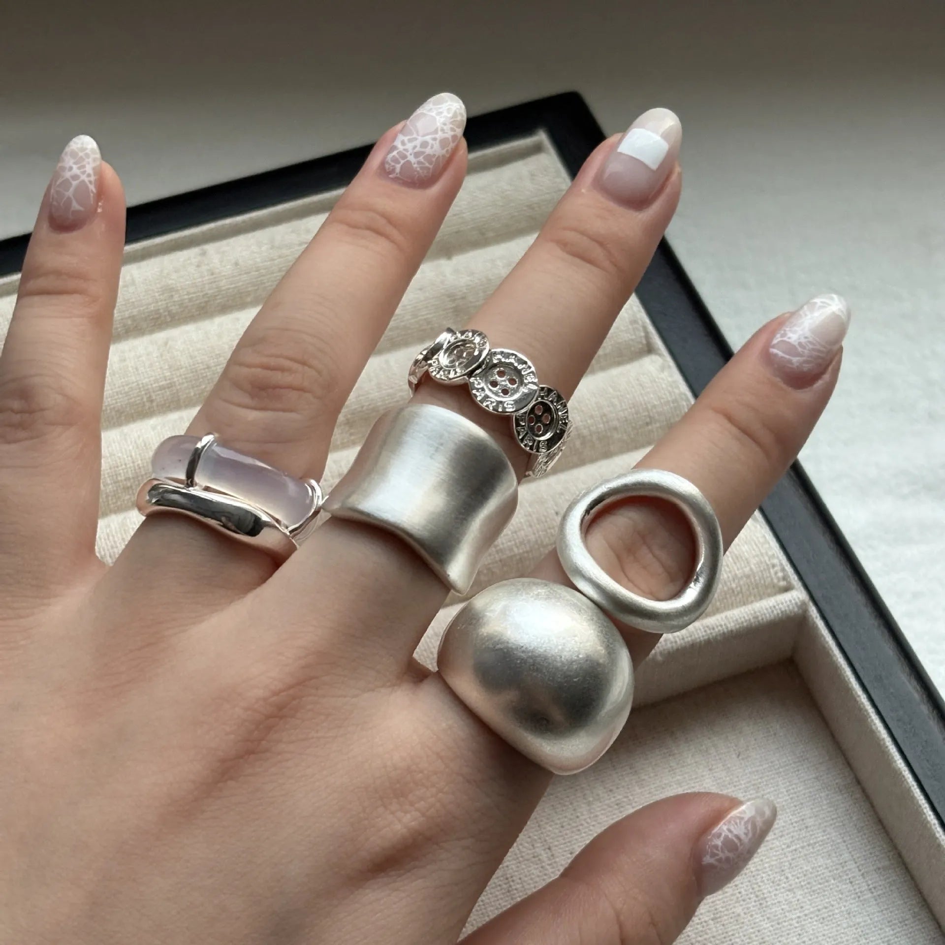 Brass chalcedony double-layer ring for women, geometric round shape, polished copper finish, ins style