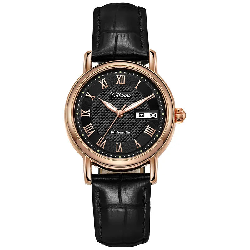 Women's automatic mechanical watch with 12mm thick case shown in various strap and dial colour options.