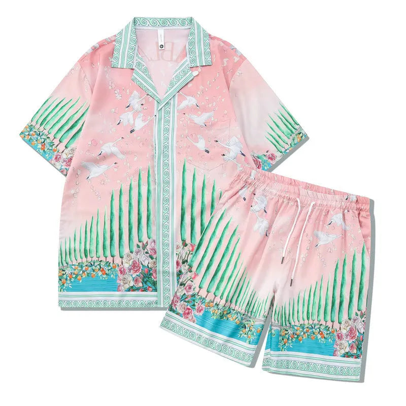 Beach plaid print shirt and trousers outfit set in European style for teenage summer wear