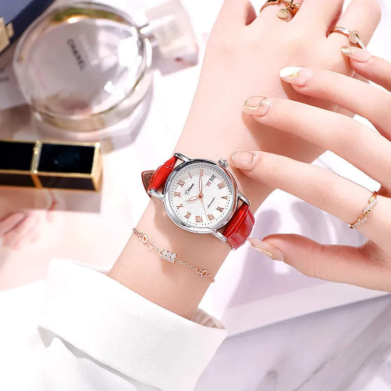 Women's automatic mechanical watch with 12mm thick case shown in various strap and dial colour options.