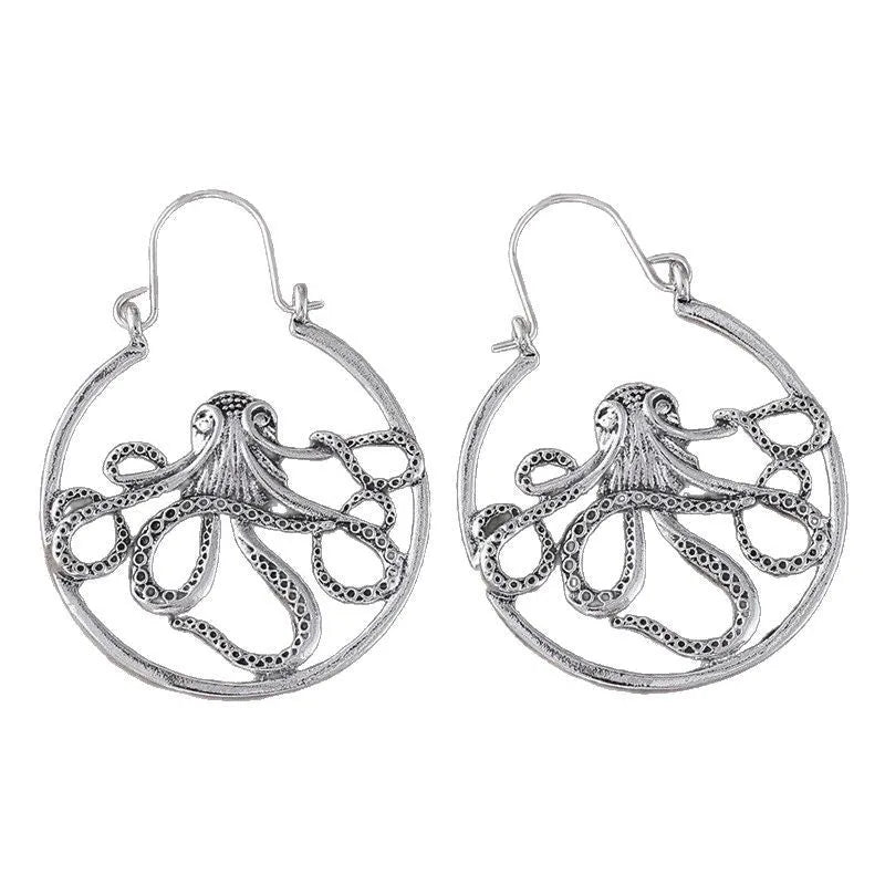 Vintage octopus earrings in antique silver zinc alloy with detailed tentacle design