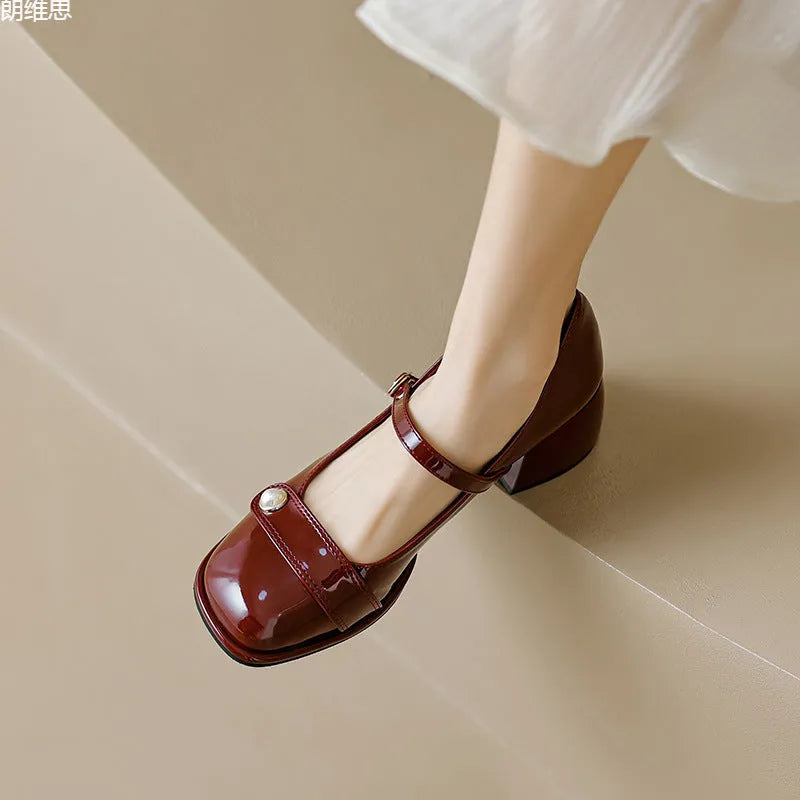 French style chunky heel hiking pumps with patent leather upper and buckle fastening in three colour options