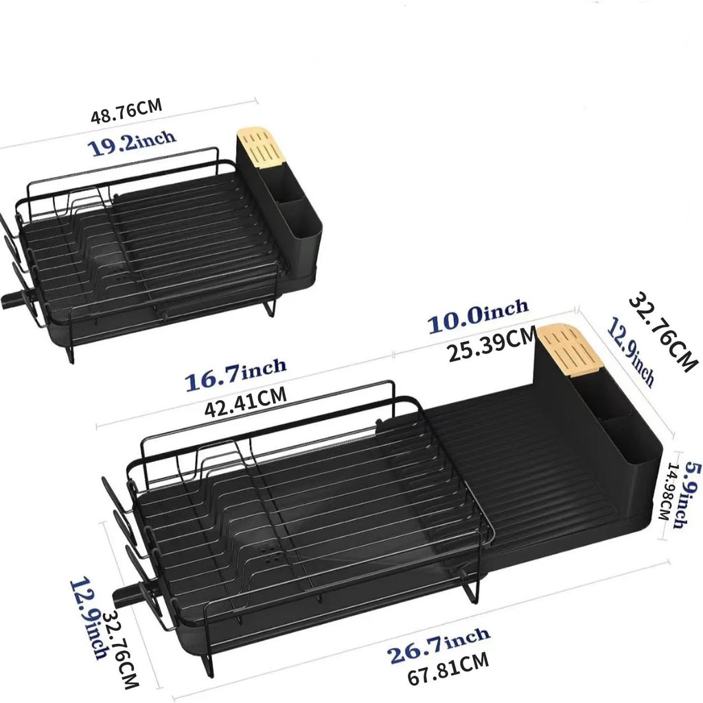 Retractable carbon steel kitchen dish drain rack holding cutlery and cups in a modern simple style.