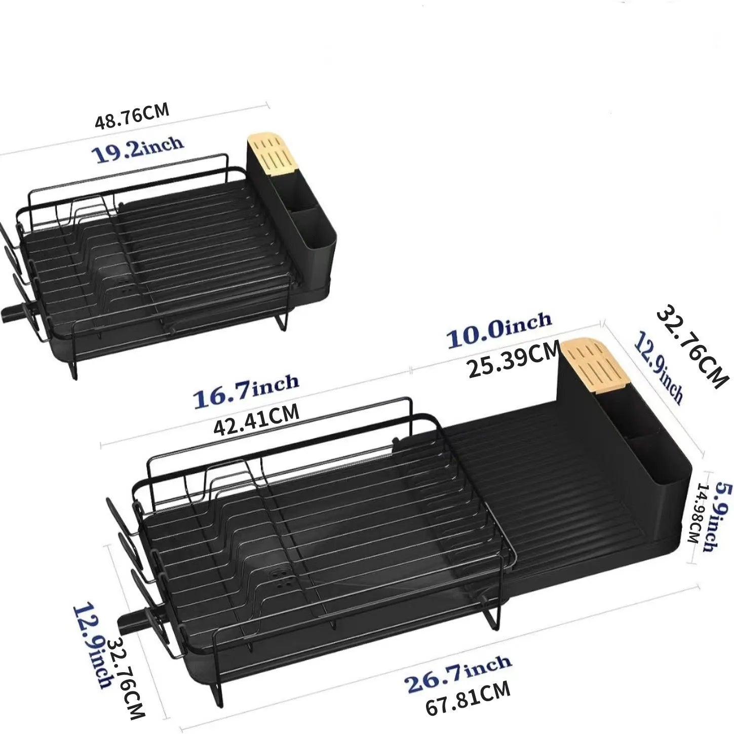 Retractable carbon steel kitchen dish drain rack holding cutlery and cups in a modern simple style.