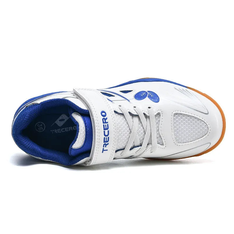 White and blue lightweight badminton shoes with a low-top PVC upper and ribbed sole.