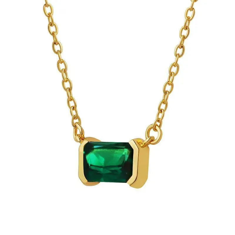 Gold geometric pendant necklace with a square Lvzuan stone inlay on a chain