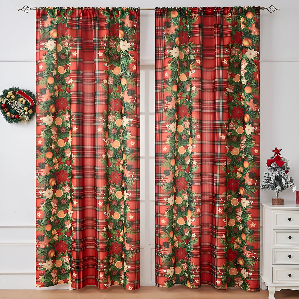 American-style rectangular polyester curtain with Christmas printed designs in red and blue colour options