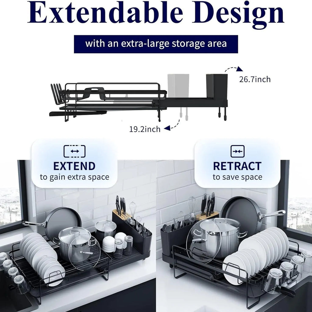 Retractable carbon steel kitchen dish drain rack holding cutlery and cups in a modern simple style.
