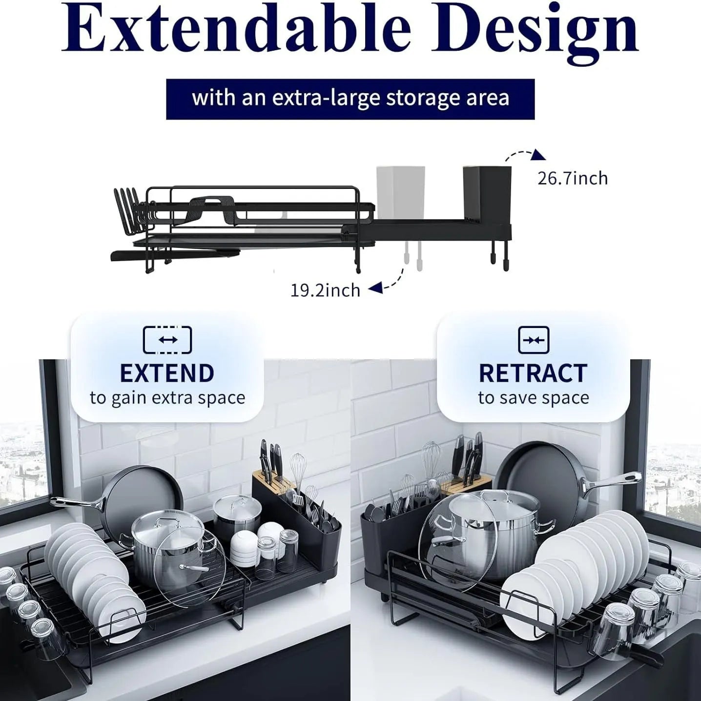 Retractable carbon steel kitchen dish drain rack holding cutlery and cups in a modern simple style.