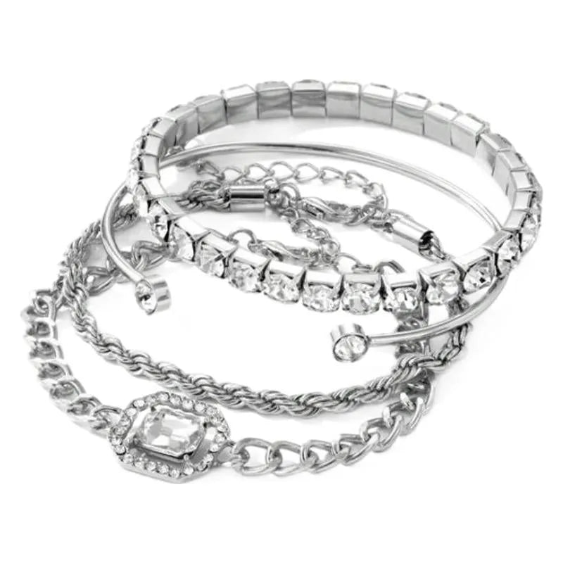 Retro geometric alloy four-piece jewellery set showing bracelet, earrings, necklace and ring with square diamond chain designs