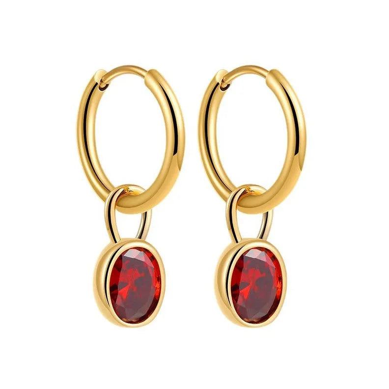 Close-up of women's retro simple oval zircon earrings in copper, showing the six available colour options.