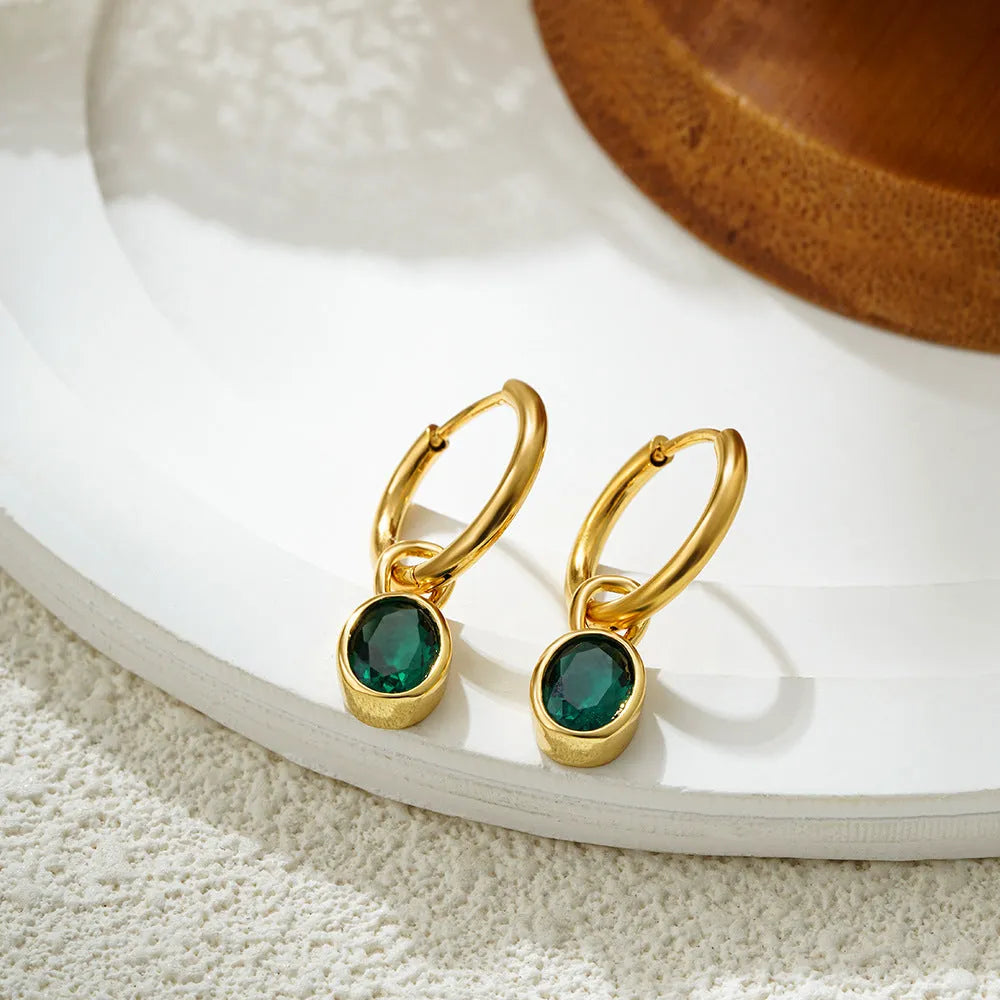 Close-up of women's retro simple oval zircon earrings in copper, showing the six available colour options.