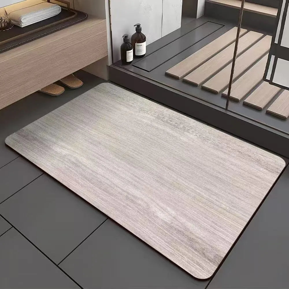 Square American style bathroom floor mat with wood grain geometric pattern in diatom ooze material.