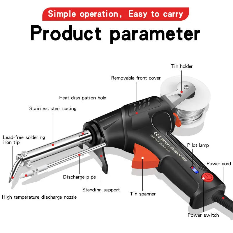 Black LED light soldering gun kit with alloy body measuring 205 × 170mm on workbench