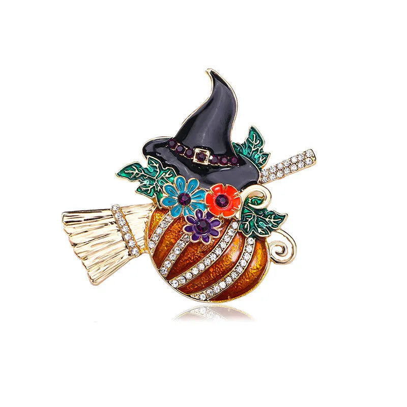 Halloween Pumpkin Witch Brooch in retro style with zinc alloy body, pumpkin and skull elements, unisex decoration pin.