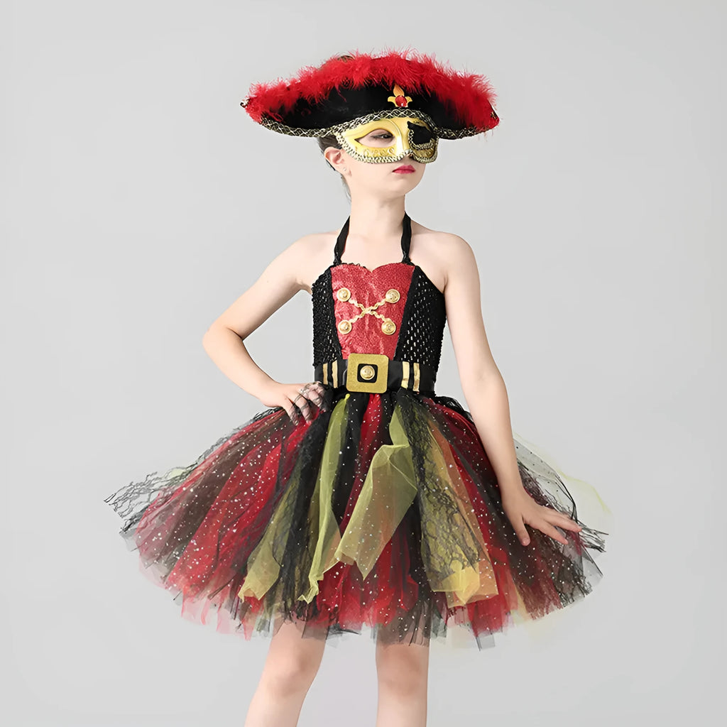 Girls pirate Halloween costume dress with sequins, mesh panels and lace detailing in sleeveless design
